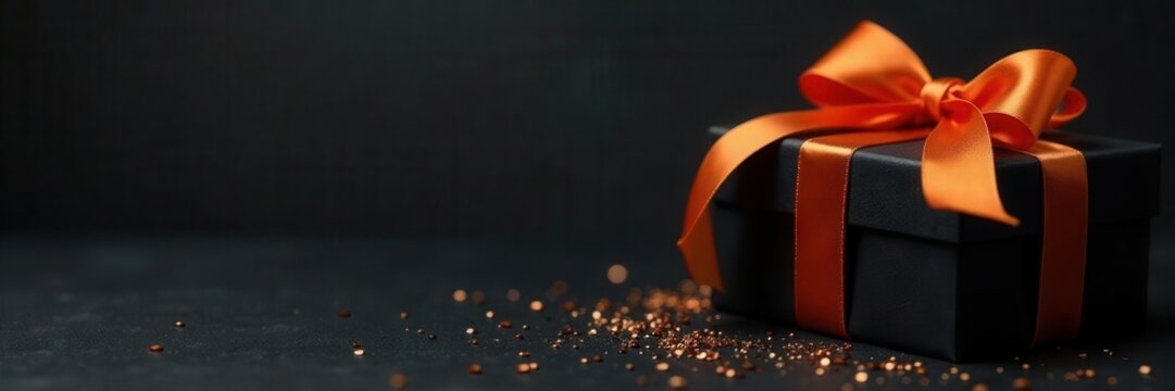 Elegant black gift boxes, orange ribbon, sequins Black background , sequins, overhead, simple