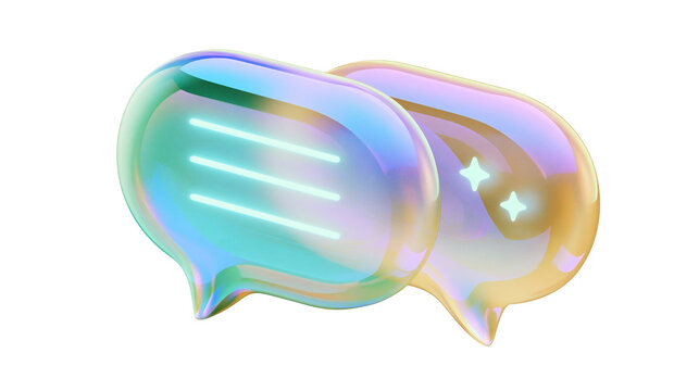 Iridescent glass speech bubbles with neon lines and stars, isolated on transparent background