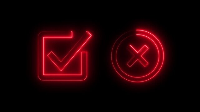 Tick or check mark signs neon icon animation. right and wrong animated neon icons, False and true. Correct and incorrect, accept and reject 4k video