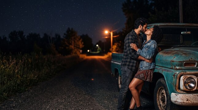 Romantic couple kissing by a vintage pickup truck on a rural road at night under a starry sky