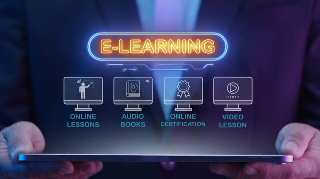 Businessman holds a digital tablet displaying interactive neon icons for various e-learning services.