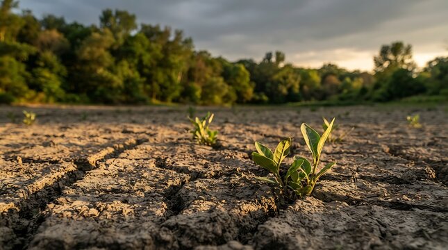 Small green plants growing in dry cracked earth with trees in background