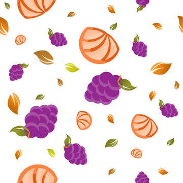 Mixed Orange Citrus and Purple Blackberry Seamless Pattern with Leaves on White, Vibrant Fruit Flat Illustration