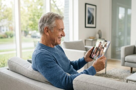 Senior Man Enjoying Video Call with Family on Tablet in Modern Living Room