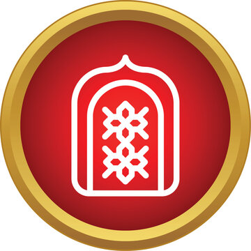 Line art door arch with ornamental pattern in a golden rimmed red circle