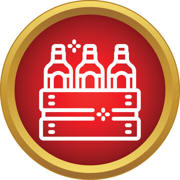 Beer bottles in a wooden crate in a flat style icon over a red background