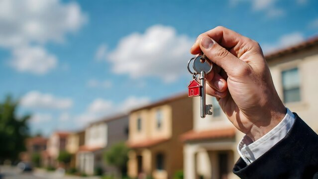 Hand holding house keys with red keychain in front of suburban homes with row suburban real estate architecture neighborhood residential ownership buildings property outdoors person clouds with blond