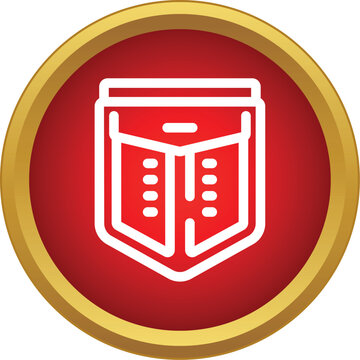 White outline of a clothing pocket with rivets on a red circular button