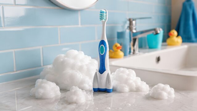 Playful toothbrush spaceship with foam clouds in kids bathroom