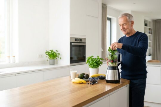 Healthy Senior Man Preparing Nutritious Smoothie Breakfast in Modern Kitchen