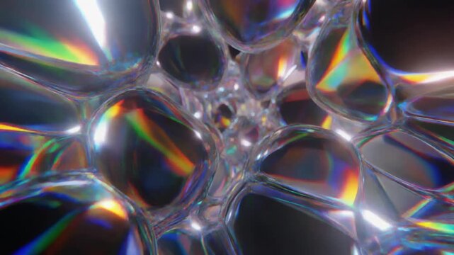 虹色のプリズム光を放つ透明な細胞状の3D流体オブジェクトが空間をゆっくり回転する幻想的な背景動画素材