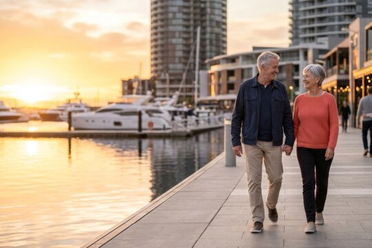 Happy Senior Couple Walking Hand in Hand along Waterfront at Sunset
