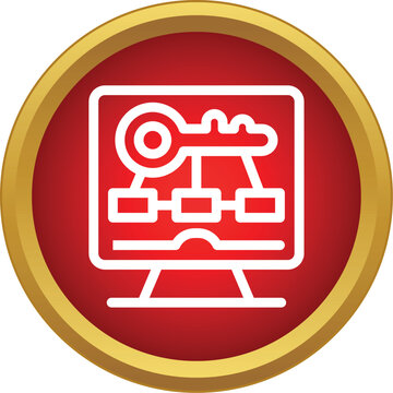 Computer monitor with a key connecting to a network or database system, symbolizing security and access