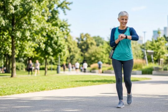 Active Senior Woman Using Smartwatch While Walking in Green City Park