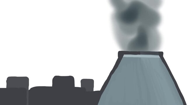 An animation on air pollution, featuring smoke billowing from a factory chimney. The chemical formula for carbon dioxide flashes at the top.