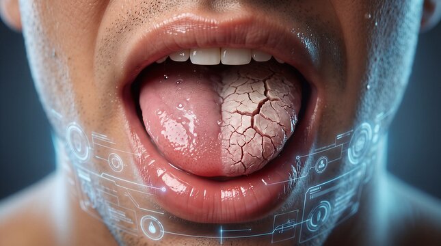 Close-up of tongue showing dryness and dehydration symptoms with dehydration symptoms condition clinical diagnostic physiology pathology treatment healthcare