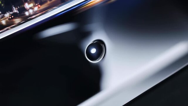 Circular lens set into glossy black glass and chrome bezel with shifting specular highlight, diagonal reflection, soft blur, sleek modern technology surface and premium device detail