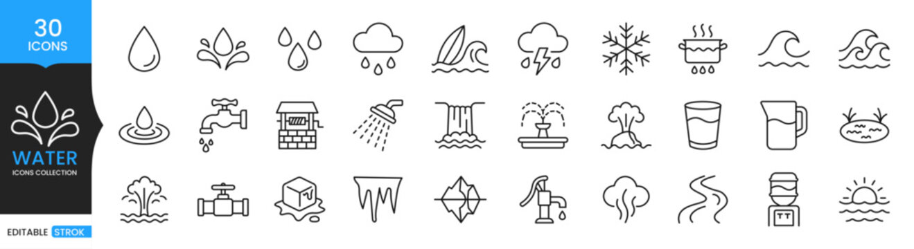 Water Icons Set, Rain Wave Drop and River Outline Collection, Editable Stroke Vector Water Supply Nature Icon Pack