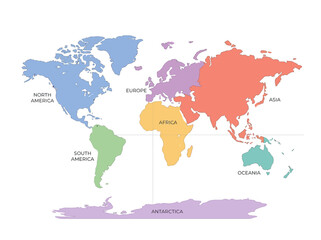 Colorful world map with labeled continents and global regions © Lunatix Studio