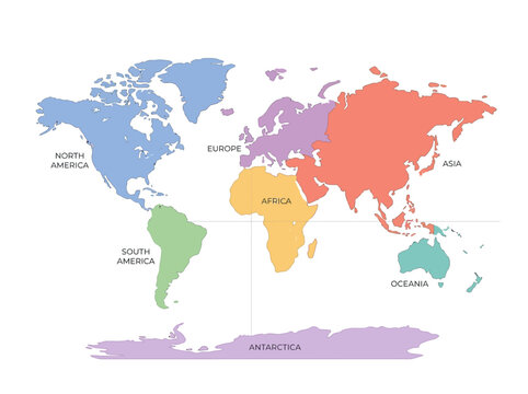 Colorful world map with labeled continents and global regions