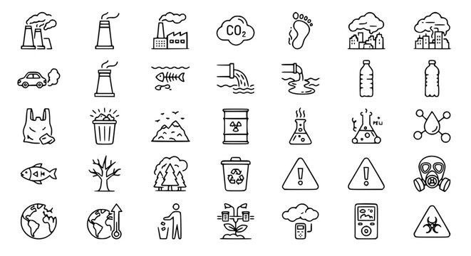 Pollution Editable Stroke Outline Icons Set with Air Water Waste Climate and Environmental Hazard Symbols