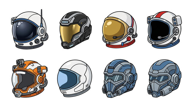 Detailed collection of futuristic space explorer helmets and advanced astronaut gear featuring diverse colorful designs with protective visors and metallic plating presented as a professional set of i