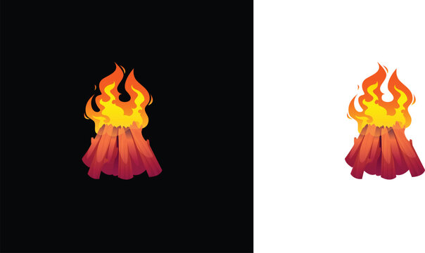 Cartoon campfire with burning wooden logs vector illustration isolated on black and transparent background.