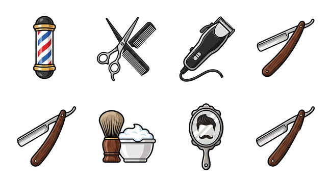 Set of professional barber shop equipment icons featuring tools for shaving and grooming like razors scissors brushes and clippers presented in a vibrant colorful graphic style on transparent backgrou