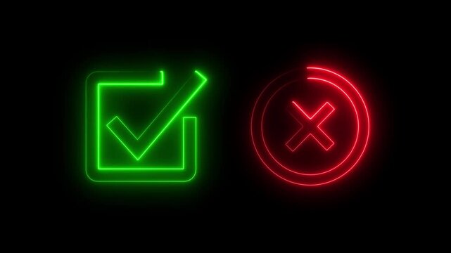 Tick or check mark signs neon icon animation. right and wrong animated neon icons, False and true. Correct and incorrect, accept and reject 4k video