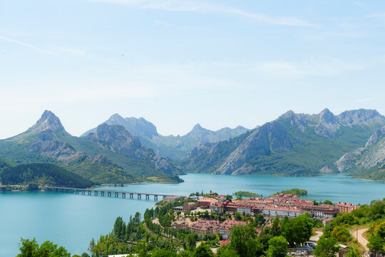 Riano town and reservoir with mountains in Leon Spain