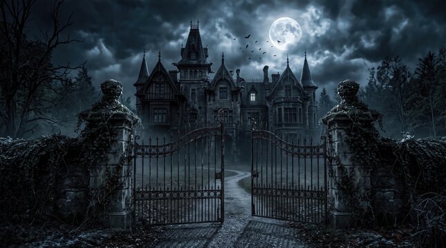 Spooky halloween night a haunted mansion under the full moon with creepy gate and dark forest
