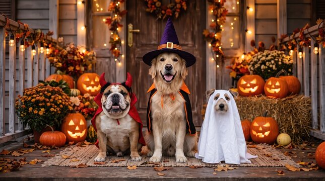 Happy halloween golden retriever bulldog and dachshund dogs in festive costumes on porch