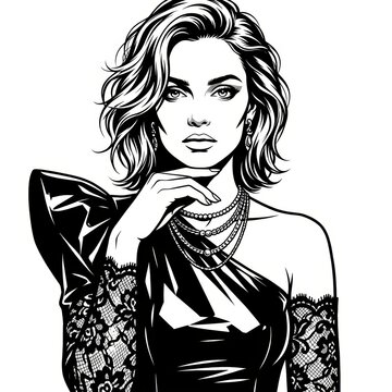 Black and White Ink Illustration of Woman in Asymmetrical Latex Couture Top &ndash; Noir Fashion Editorial Portrait