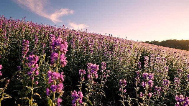 A purple wildflower hillside background with gentle wind movement under soft morning light