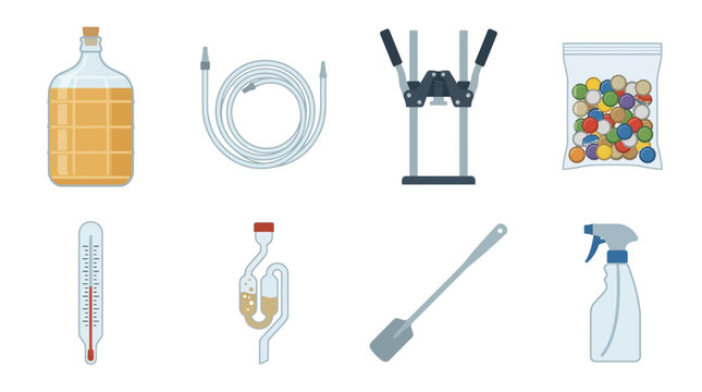 Glass Carboy Vessel and Manual Bottle Capper Grid Asset Sheet for DIY Homebrewing Hobbyist Guide Booklets