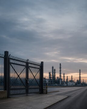 Empty Oil Refinery Gate At Dusk