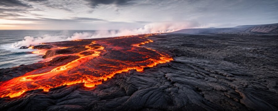 Lava Flow Advancing Across Volcanic Coastline
