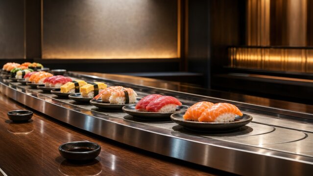 Sushi Plates On Luxury Conveyor Belt In Modern Restaurant