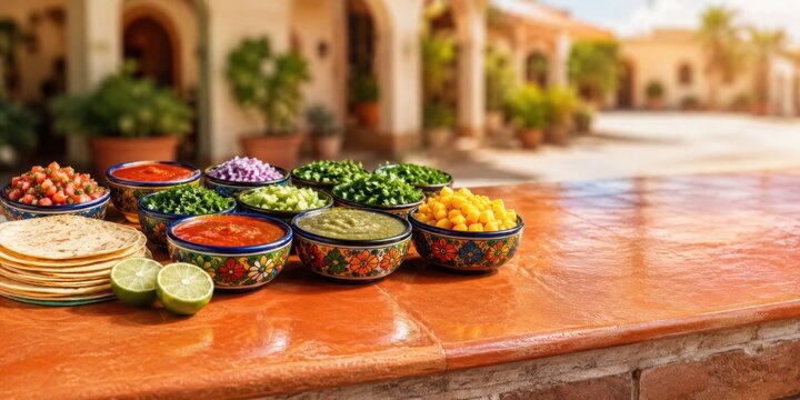 Taco Bar With Colorful Salsas And Tortillas Outdoors