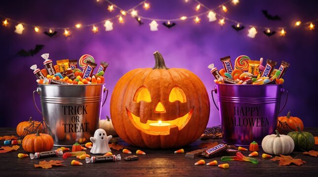 Happy halloween candy buckets and jack o' lantern festive autumn still life for seasonal promotions