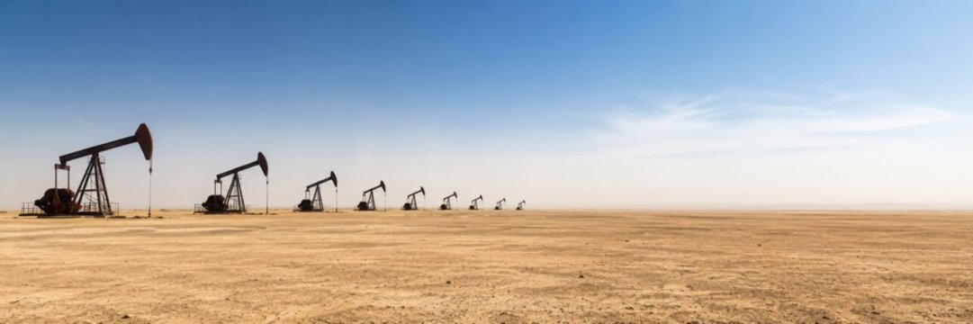 Oil Pump Jacks In Desert Field Panorama
