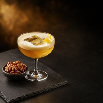 Whiskey Sour Cocktail With Candied Walnuts And Copy Space