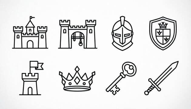  linear icon set for castle and kingdom concepts 
