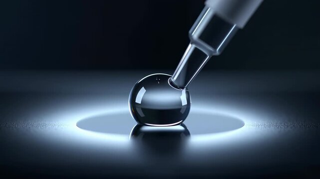 Glass dropper pressing into clear droplet on dark reflective surface with cool cyan highlights, glossy texture, precise laboratory mood, and clean minimal composition