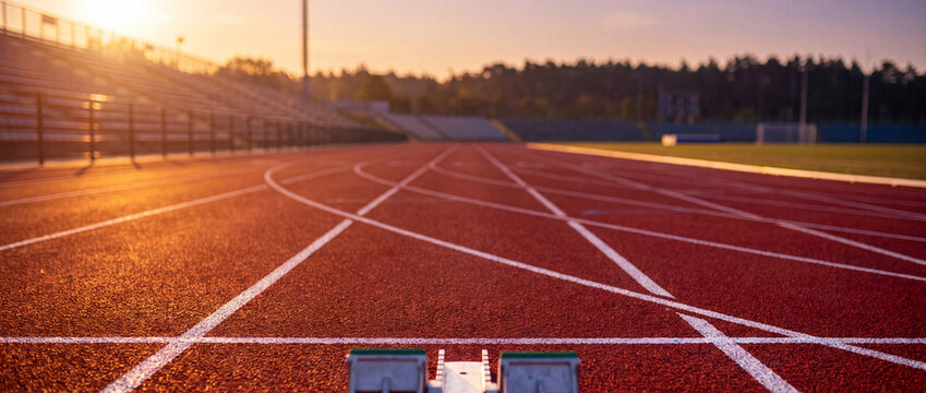 Red running track lanes at sunrise with starting blocks with white lines starting under warm sunlight