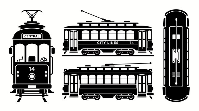 Black and white vector set showcasing various vintage city tram or streetcar views, including front, side and top perspectives, Symbolizing public transit systems and historical urban travel