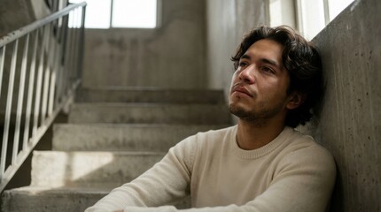 Fototapeta premium Tearful young adult man sitting on concrete stairwell in soft daylight, looking upward with quiet pain, emotional release, fragile hope, and private resilience during a hard life moment indoors