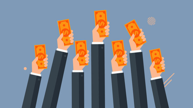 Multiple cartoon hands in business suits hold up orange dollar bills against a solid blue-grey background, symbolizing investment opportunities and illustrating economic success