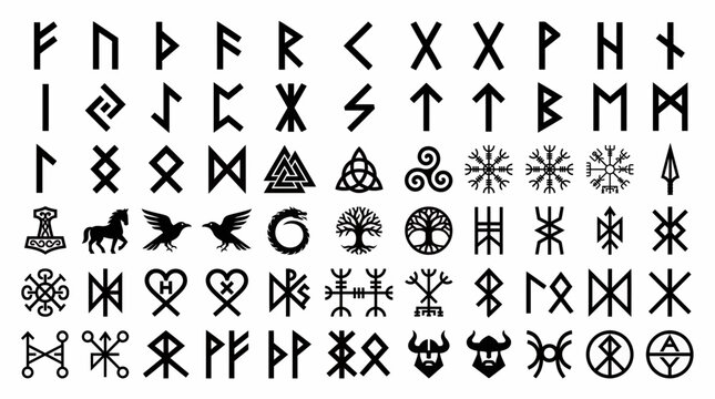 A diverse set of black Norse Viking runic symbols and ancient mythical icons on a clean white background, Symbolizing ancient history and representing cultural identity
