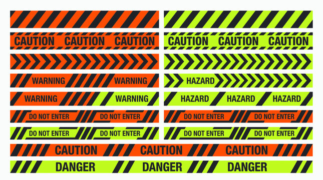 Vector collection of orange and lime green caution tapes with diagonal stripes, chevrons and danger text, Symbolizing restricted access or safety warnings for hazardous areas and events